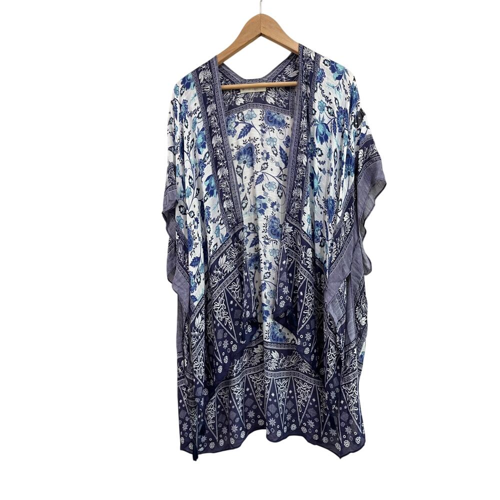 Lucky Brand Blue Floral Boho Kimono Swim Cover Up Resort Wear One Size